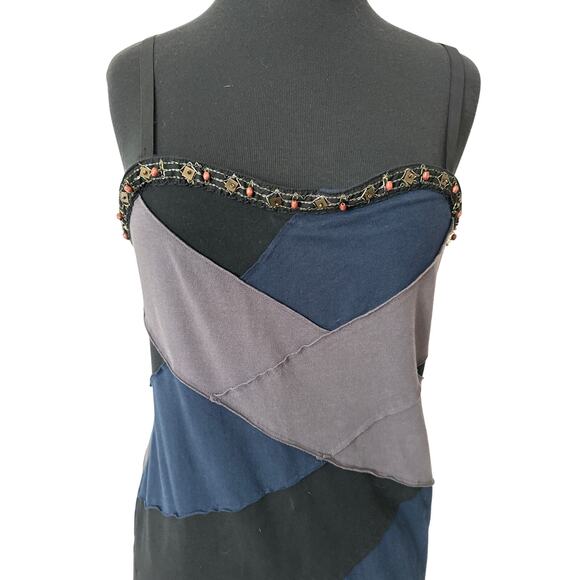Free People Patchwork Sleeveless Bodycon Mini Dress Beaded Neckline Size L Boho - Picture 2 of 11